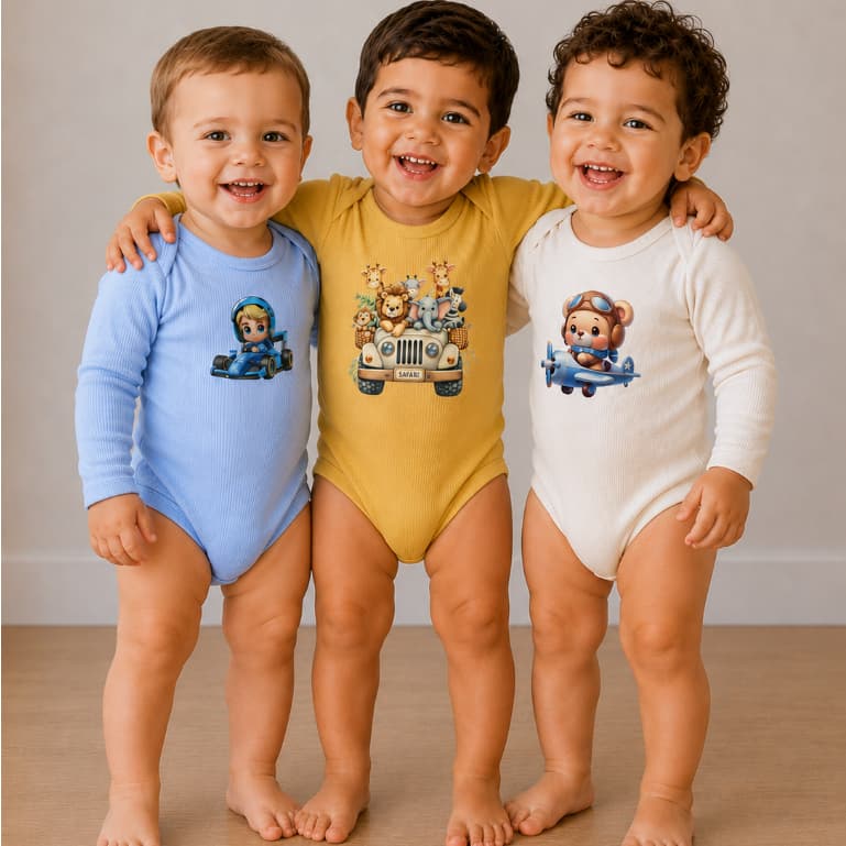Kit 3 Bodies Bebê Menino Manga Longa Ribana Canelada Premium Estampa DTF Enxoval