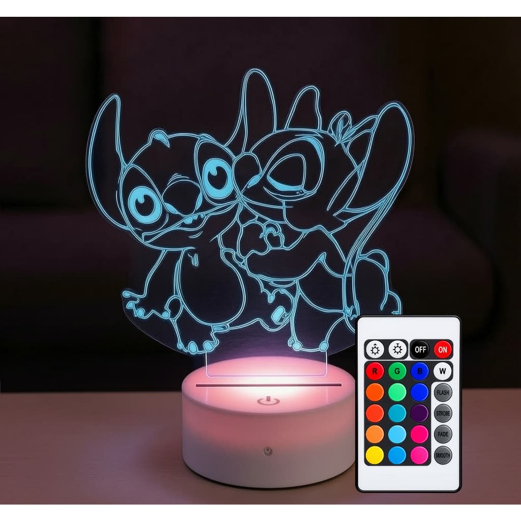Luminária Led 3d | Lilo Stitch Angel  Abajur Presente Criativo Decoração Multicores