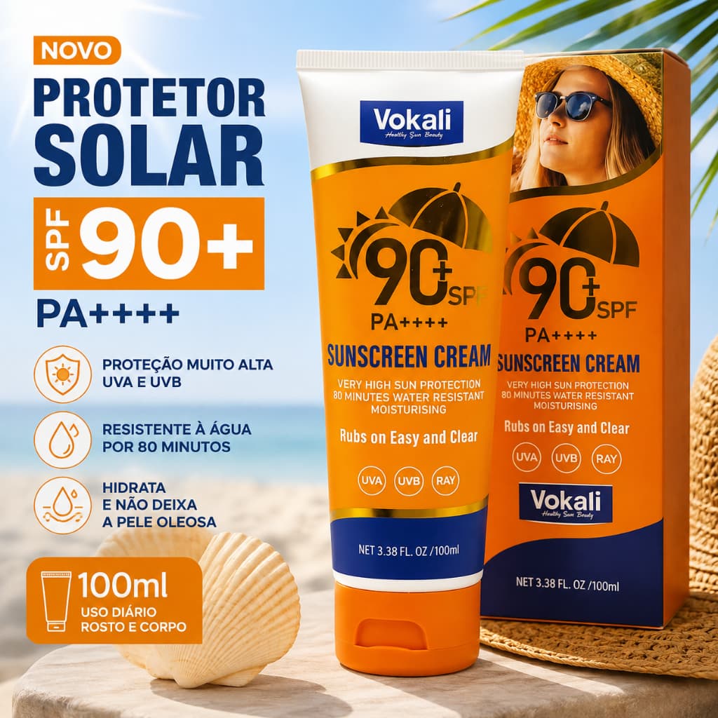 Protetor Solar Vokali SPF 90+ PA++++ 100ml UVA UVB Resistente à Água Rosto e Corpo