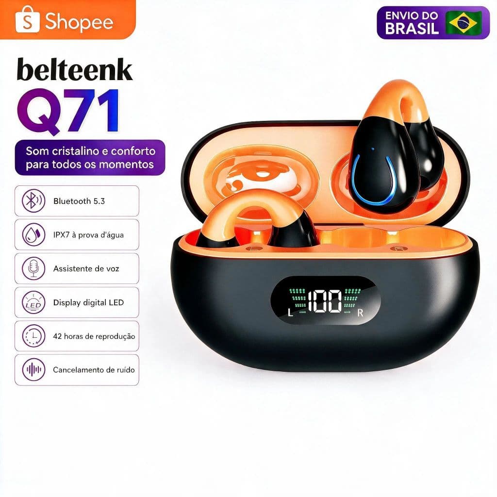 belteenk Fones de ouvido Bluetooth Q71 Fones de ouvido esportivos Bluetooth 5.3 Fones de ouvido com cancelamento
