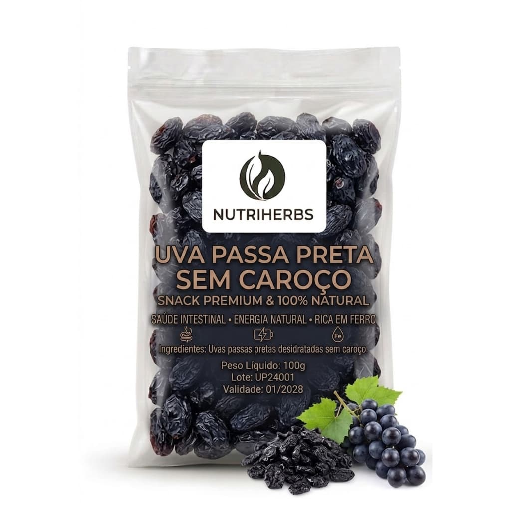 Uva Passa Preta Sem Caroço NutriHerbs 200 g, 500 g e 1 kg - Snack Saudável 100% Natural