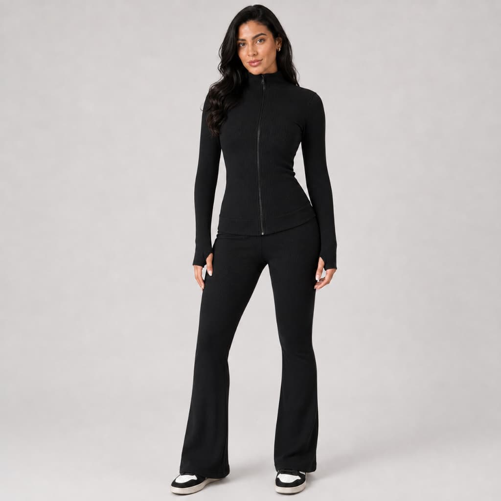 Conjunto Jaqueta  Ziper Manga longa com Dedal e Calca Flare Feminino conjunto fitnes