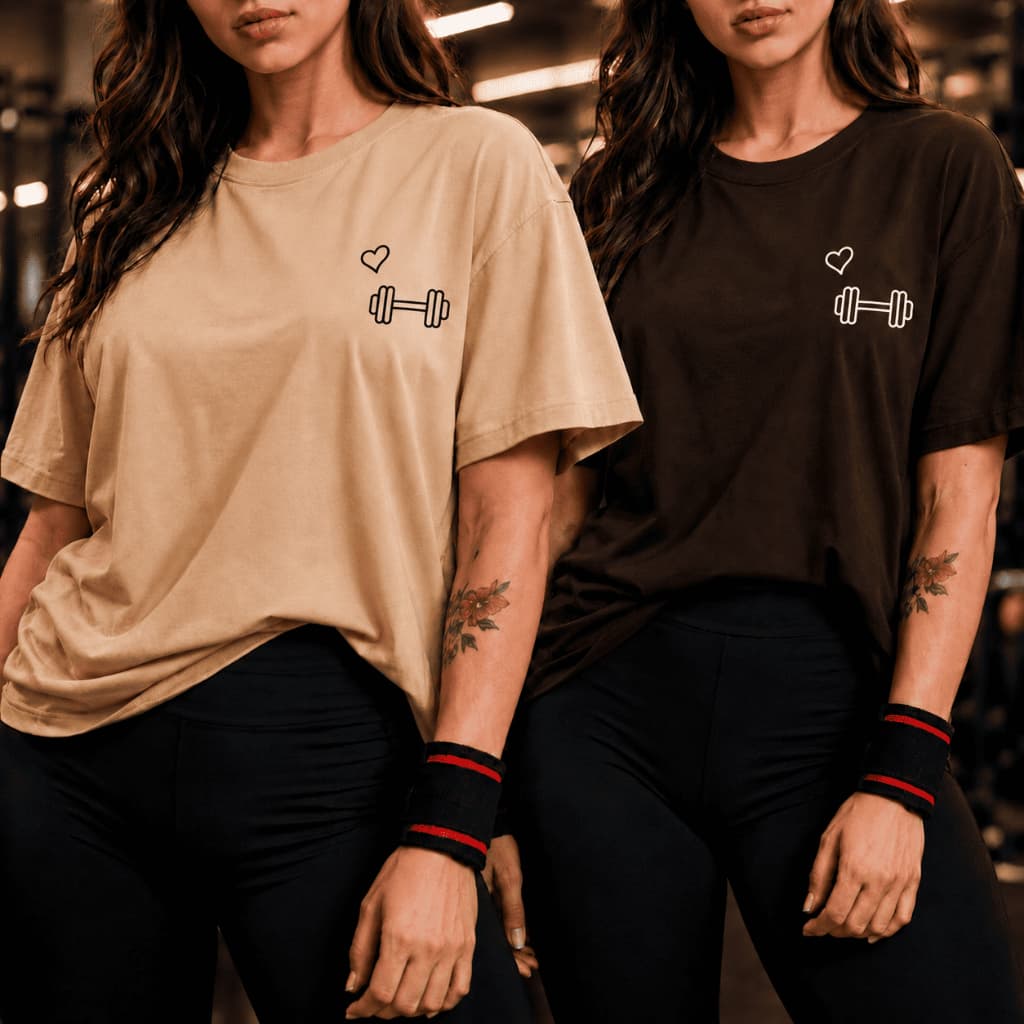 Kit 2 Camisetas Femininas Estilo Oversized Academia 100% Algodão Estampa Halter Coração Treino Casual