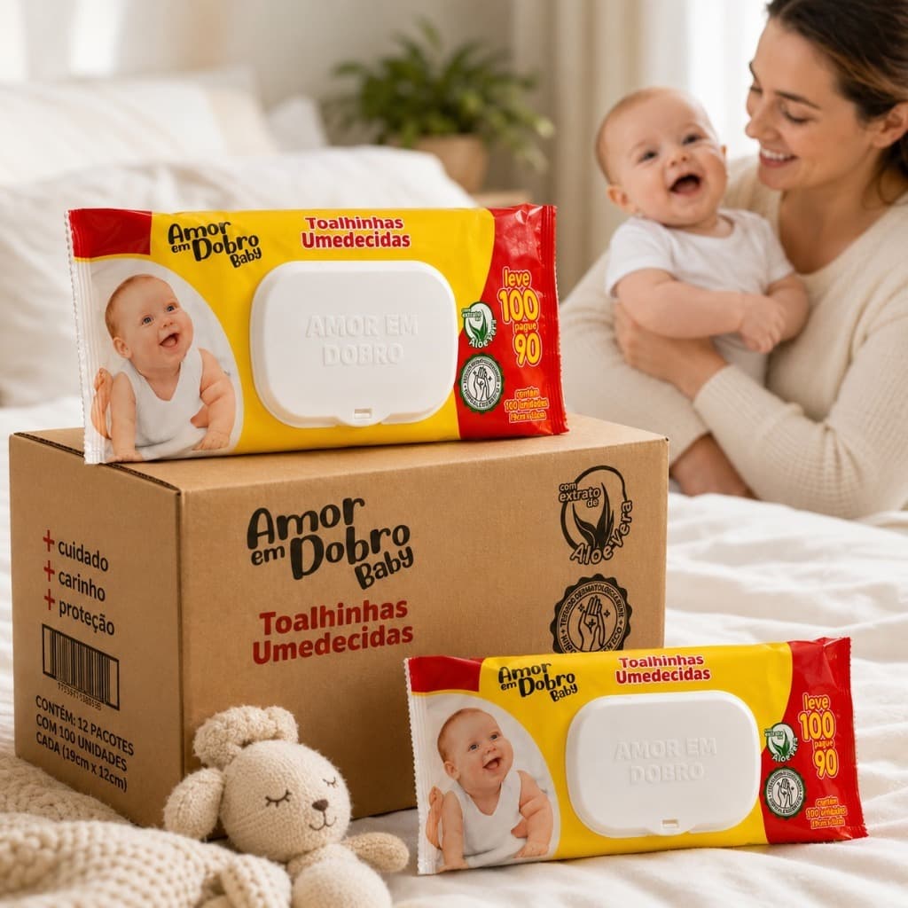 Kit 10 Toalhas Umedecidas Bebê Amor em Dobro 1000 Lenços Aloe Vera Fórmula Suave Hipoalergênica Toalha Umedecida Premium