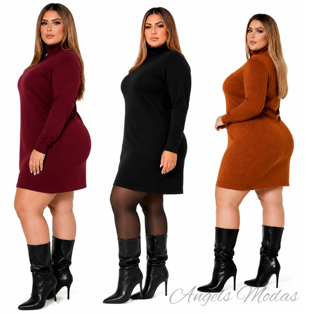 Vestido Plus Size  Feminino Inverno Gola Alta Manga Longa Tecido Lãzinha