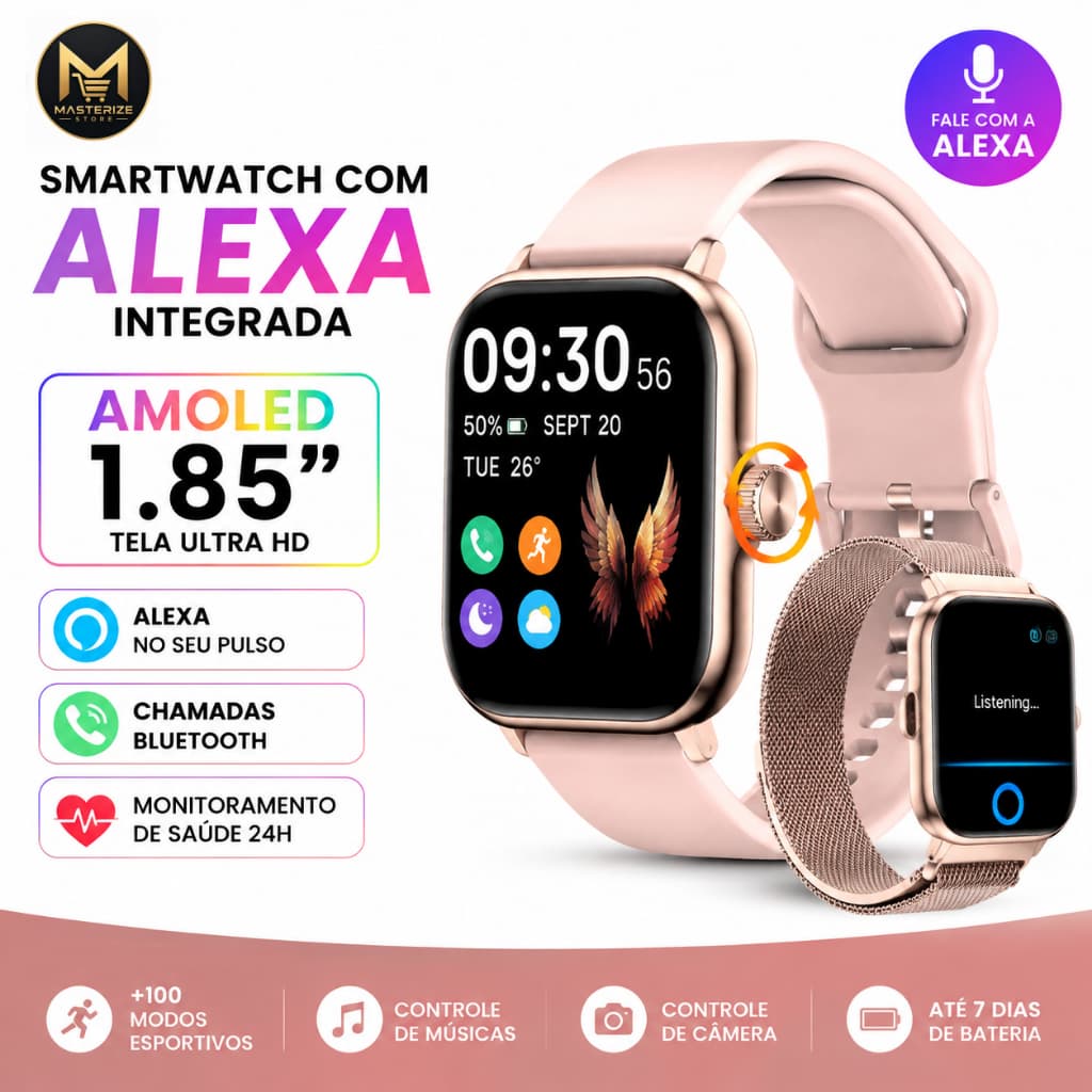 Relogio Smartwatch com Alexa Tela AMOLED 1.85'' Chamada Bluetooth IP68 100+ Esportes Monitor Cardiaco SpO2