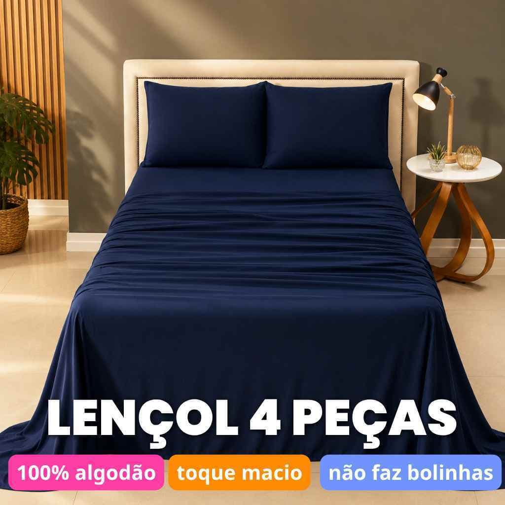 Jogo de Lençol Casal 4 Peças 100% Algodão Não Faz Bolinhas Fronha c/ Ziper Lençol de Baixo c/ Elastico e Lençol de cima