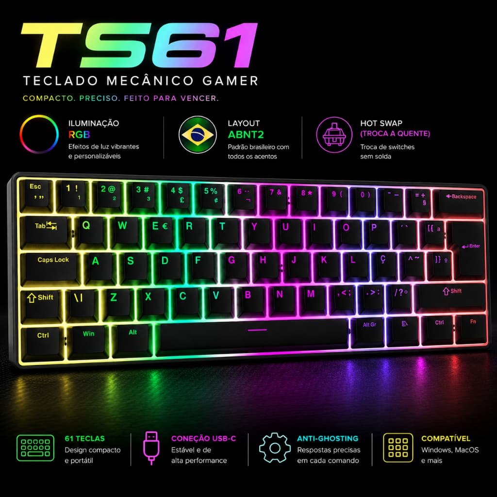 TS61 Teclado mecânico 60% gaming RGB ABNT2 wired switch red switch brown NKRO escritório jogos WIN MAC