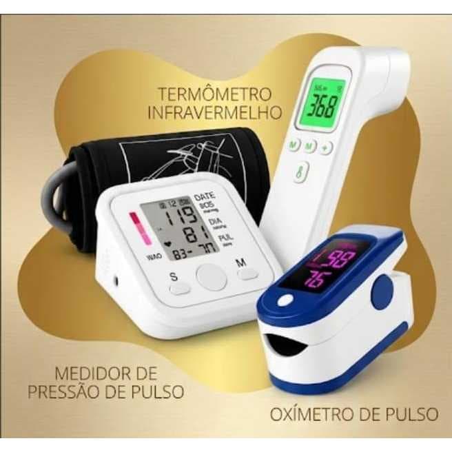 Kit Saúde Digital: Termômetro Infravermelho Laser Sem Contato + Medidor De Pressão Arterial De Pulso Automático Digital