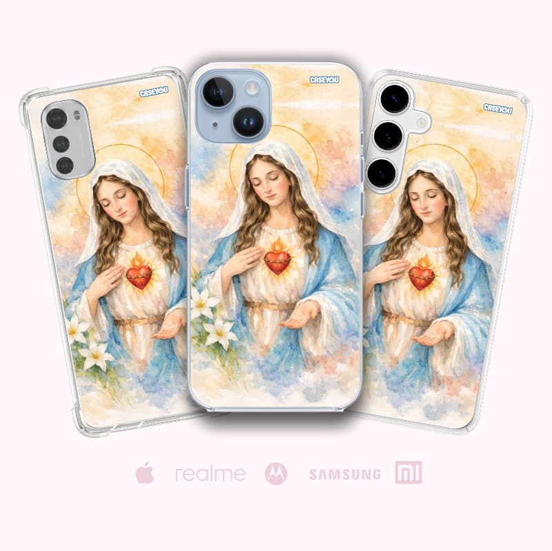 Capa Capinha Celular Imaculado Coração de Maria Nossa Senhora Católica Religiosa Fé Proteção Floral Feminina Delicada