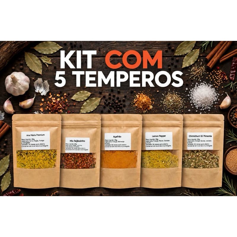 KIT COM 5 TEMPEROS E CONDIMENTOS| ANA MARIA PREMIUM |AÇAFRÃO | LEMON PEPPER |CHIMICHURRI S/ PIMENTA |MIX DE FEIJÃOZINHO