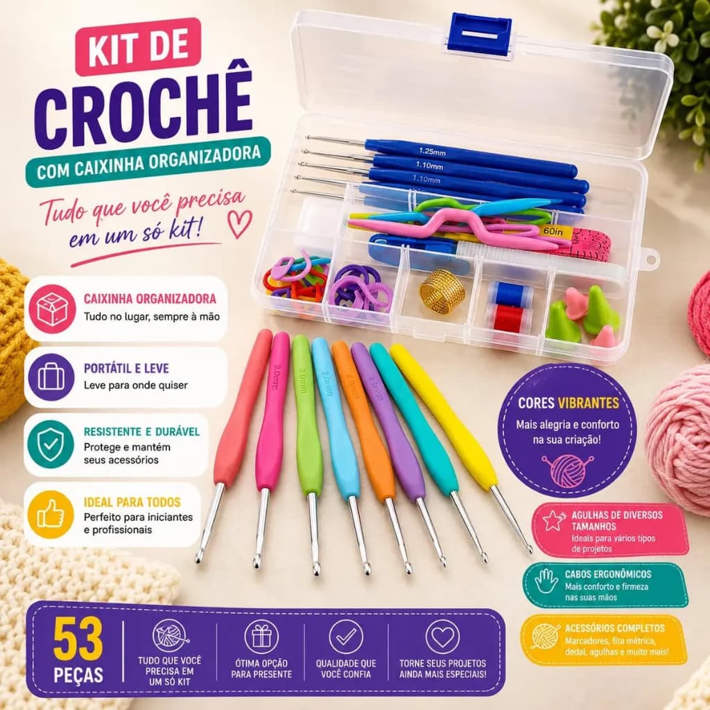 Kit Crochê Completo 53 Peças para Iniciantes Fazer Amigurumi Agulhas Cabo Soft Tesoura Acessórios Lar das Fitas
