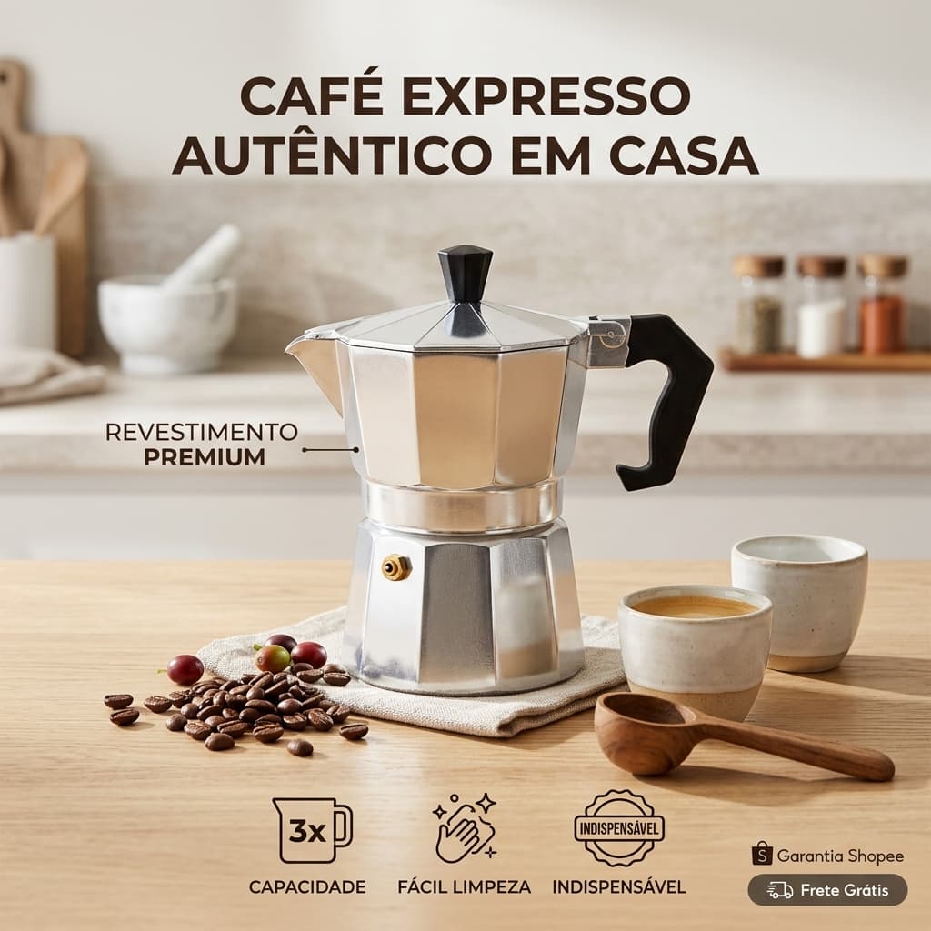 Cafeteira Italiana Inox 3 Xícaras Moka Café Expresso Café Puro para Fogão