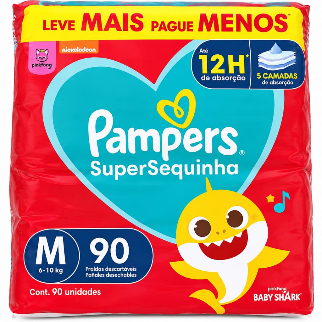 Fralda Pampers SuperSequinha M 90 Unidades 6 a 10kg Baby Shark