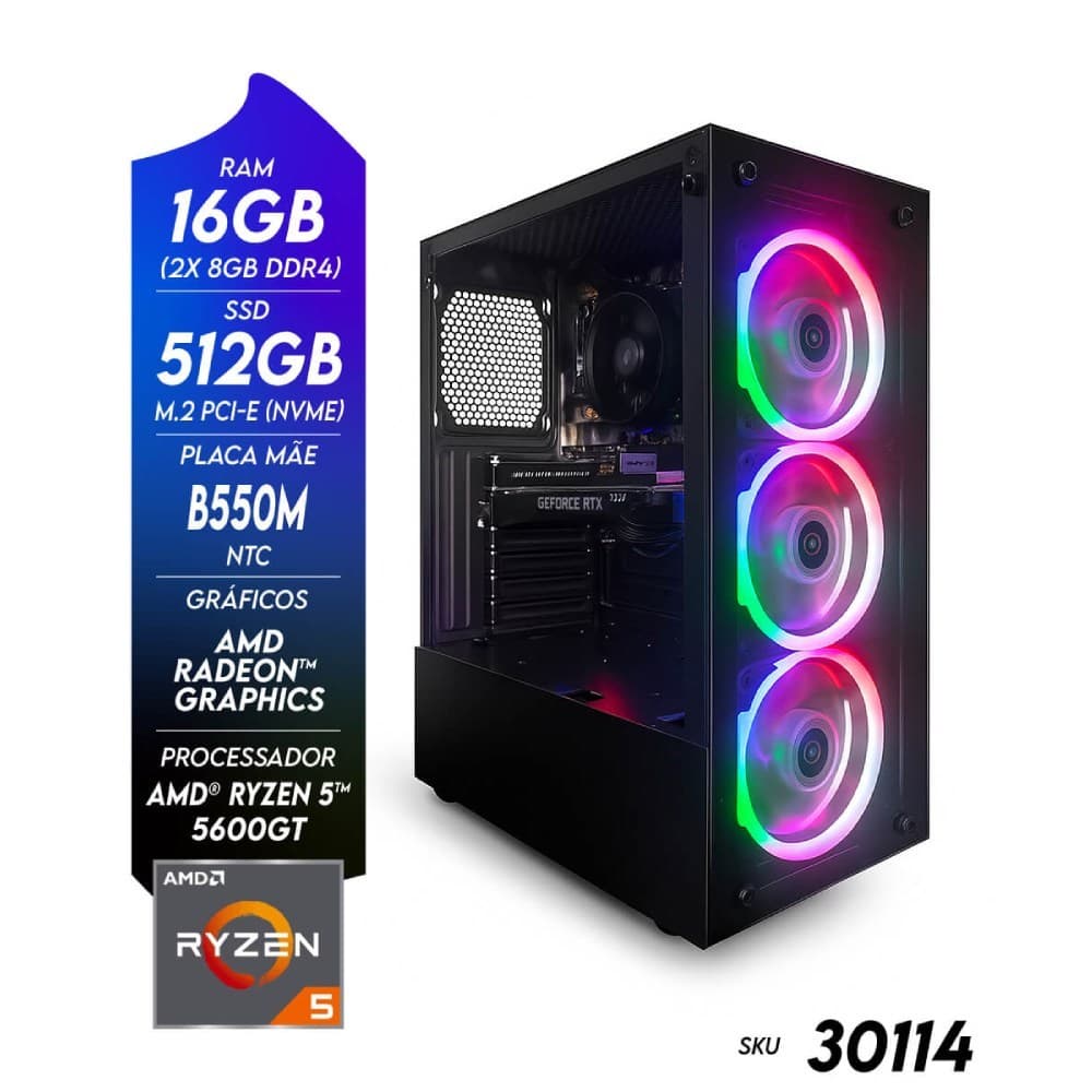 Computador Gamer NTC VULCANO AMD 2069 TC DUAL CHANNEL AMD Ryzen 5 5600GT Radeon Graphics 16GB DDR4 512GB SSD C/3 Fans Li