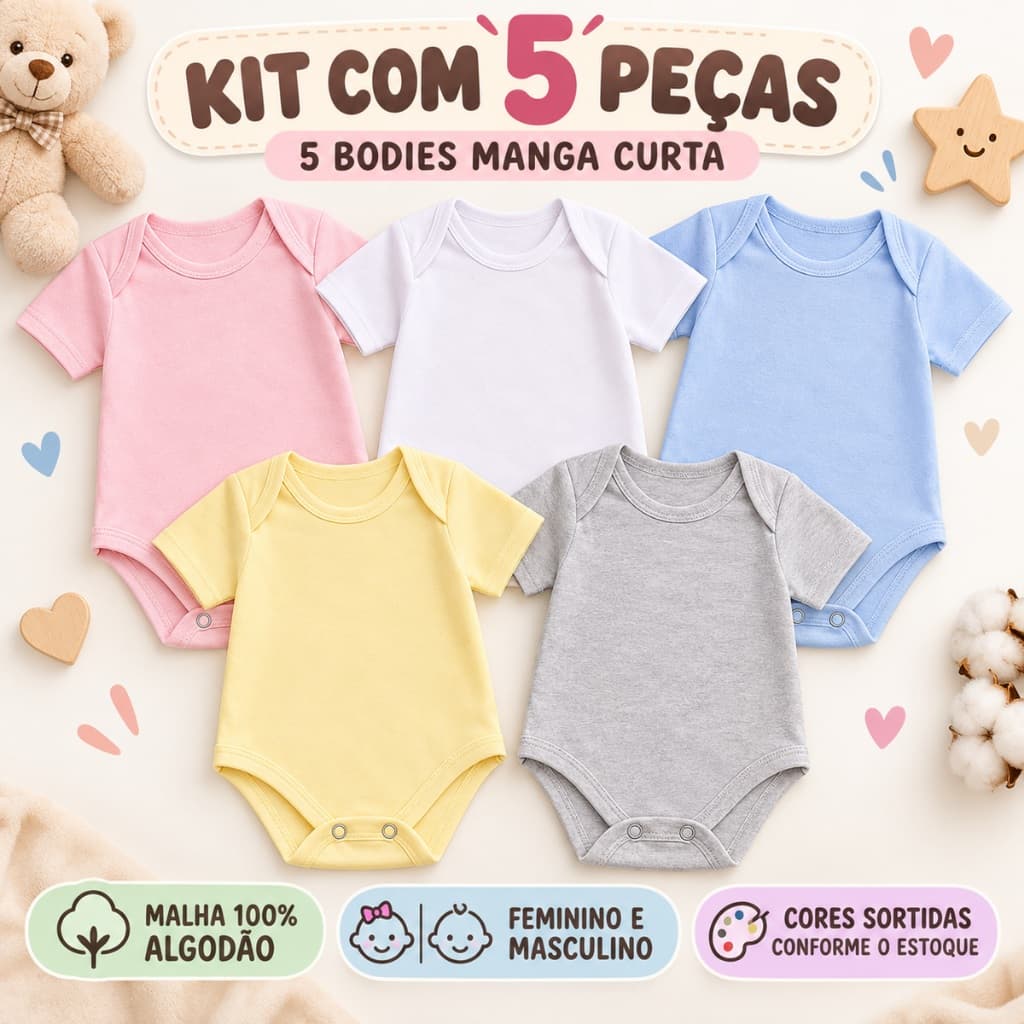 Kit Enxoval 5 Peças Bodys Bebê Infantil Manga Curta Lisos 100% Algodão Menino Menina