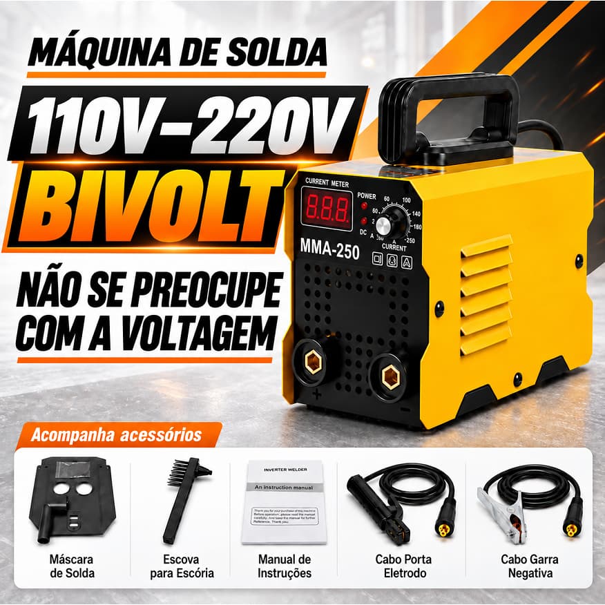 Máquina de Solda Inversora MMA-250 100-240V Bivolt 127V/220V IGBT Digital Portátil Plugue Brasileiro Kit Completo