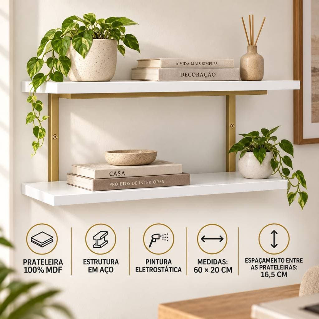 Prateleira de Parede Decorativa MDF 60x20 com Suporte em Aço Estante Nicho Sala Quarto Cozinha