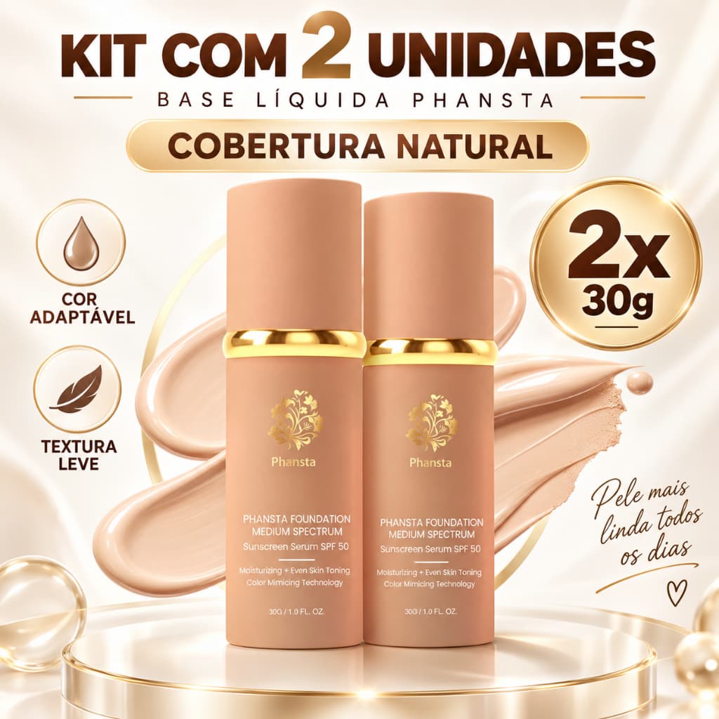 Kit 2 Bases Líquidas Phansta 30g - Cobertura Natural, Cor Adaptável e Textura Leve