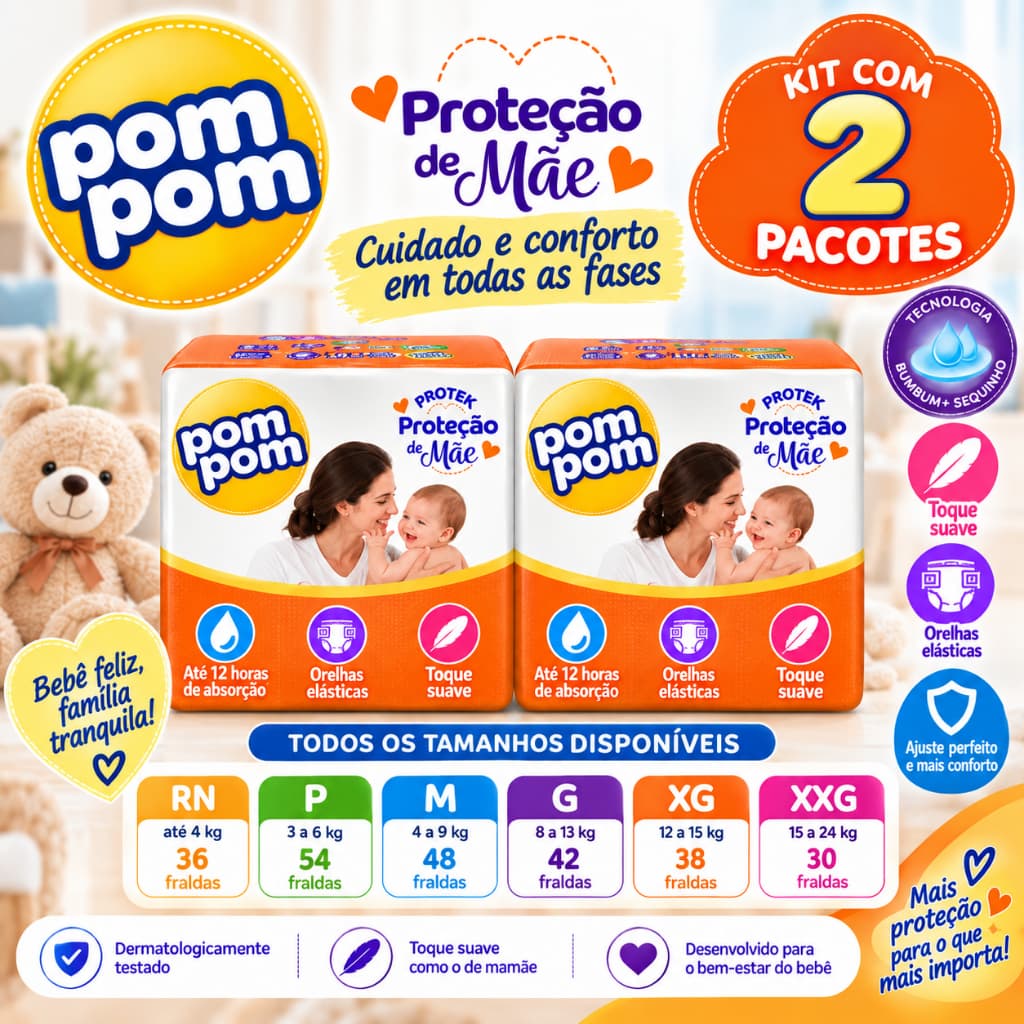 Kit com 2 Pacotes de Fraldas Pom Pom Derma Protek Mega – Conforto e Proteção (Todos os Tamanhos)
