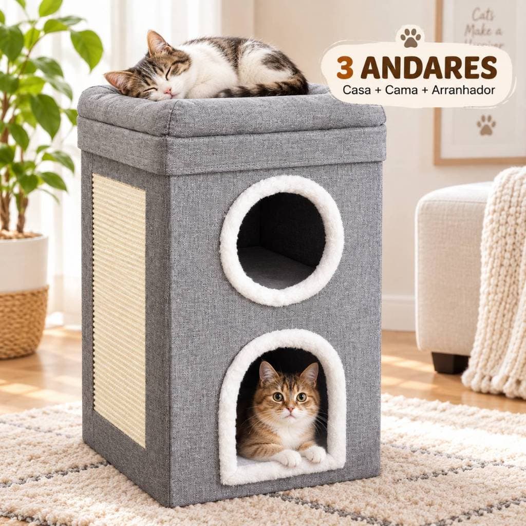 Casa Arranhador Torre para Gatos 3 Andares Cama 2 Tocas Dobrável AgilisPet