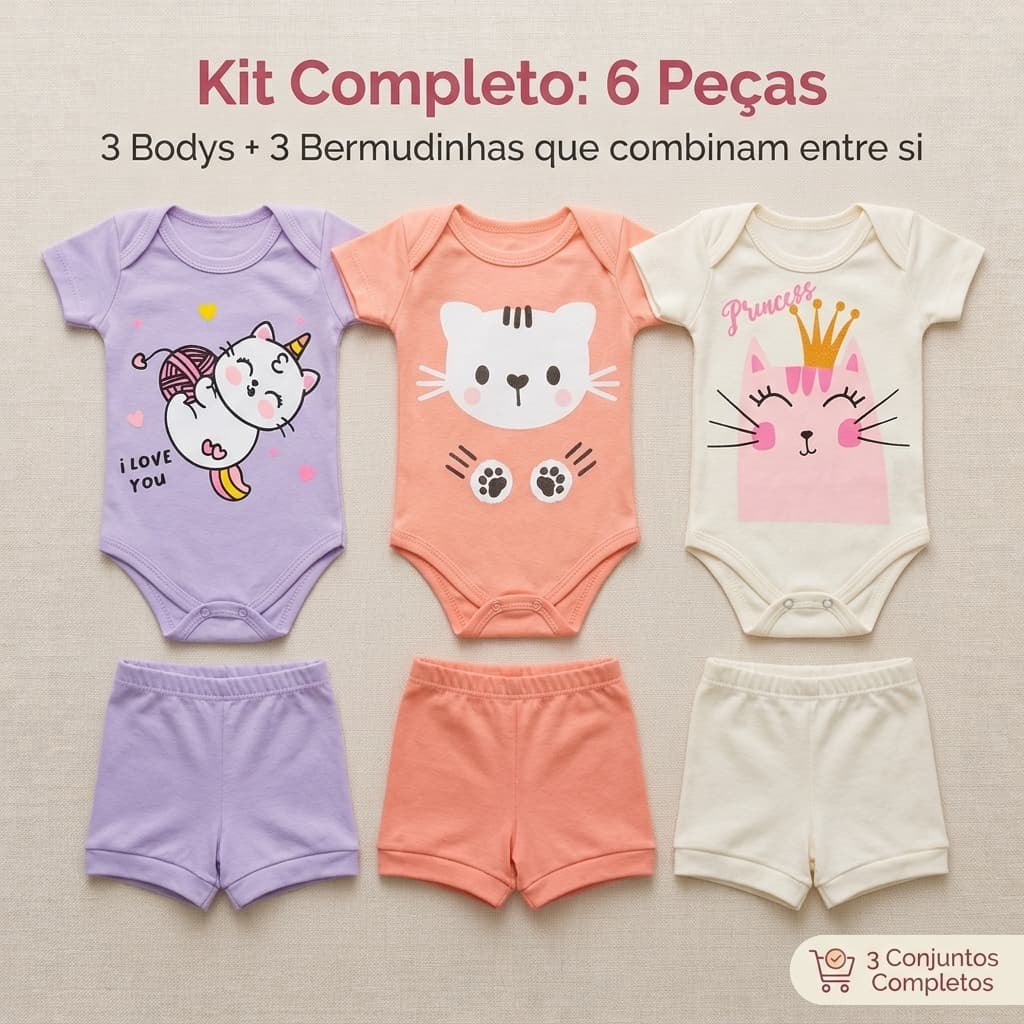 Kit 6 Peças Bebê Menina 3 Body Manga Curta + 3 Shorts Suedine 100% Algodão Roupa de Bebê Nenem Enxoval Verão P ao GG