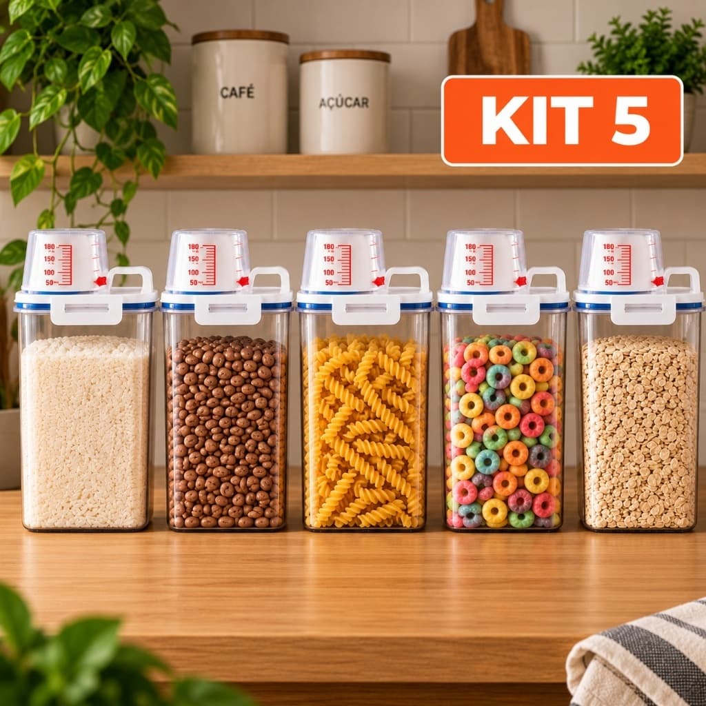 Kit 5 Potes Herméticos 2,5L Bico Dosador Multiuso Organizador de Cozinha Lavanderia Porta Mantimento