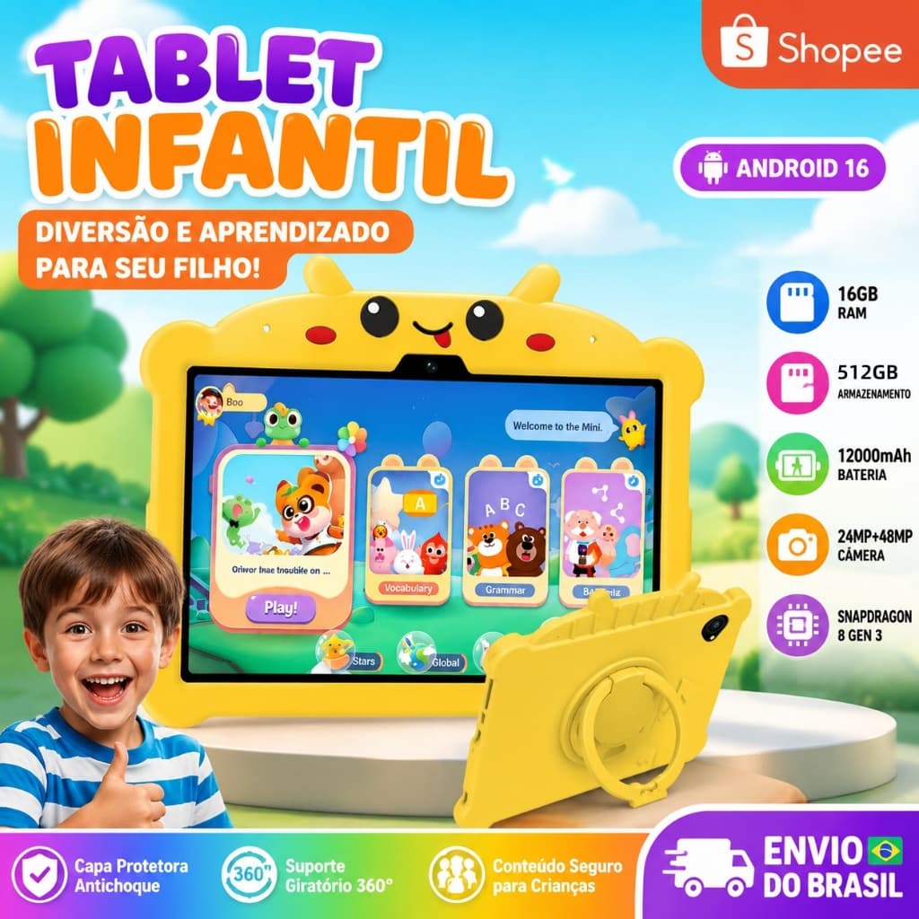 TABLET INFANTIL F20 11.6" ANDROID 16 | 16GB RAM + 512GB | BATERIA 12000mAh | CÂMERA 48MP | PAISAGEM PROTETORA + CONTROLE