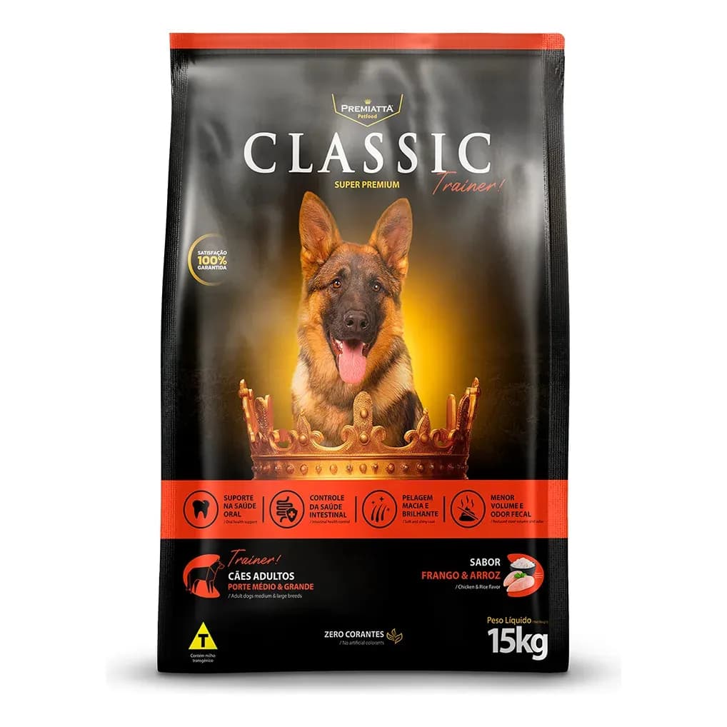 Ração Premiatta Classic Trainer para Cães Adultos de Porte Médio e Grande 15kg Frango e Arroz - Produto Original Lacrado