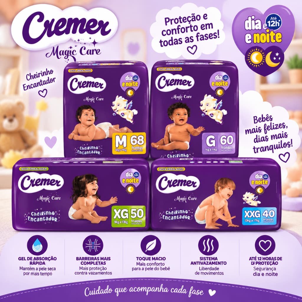 Fralda Cremer Baby Hiper Magic Care Proteção Noite E Dia 1 Pacote Todos os Tamanhos