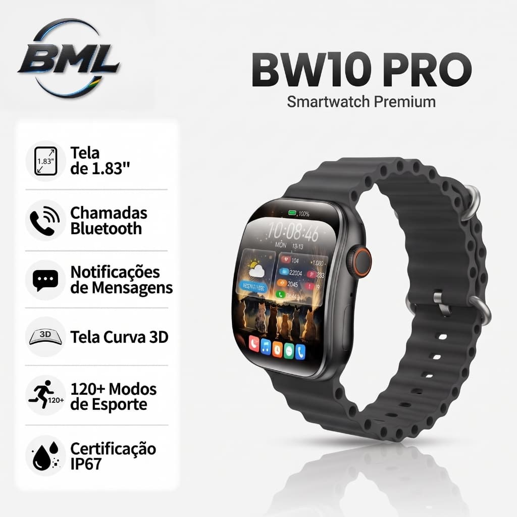 BML Relógio Inteligente Smartwatch BW10 Pro Tela 3D Curva Toque Completo