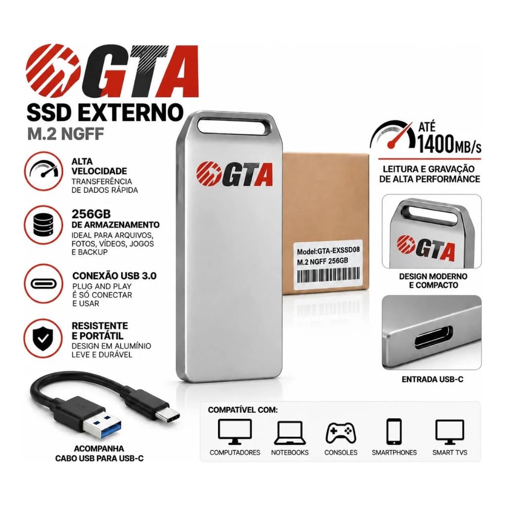 SSD Externo Portátil 256GB M.2 Tipo C Com Alta Velocidade Para Computador e Celular