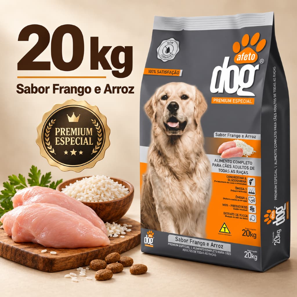 Ração Cachorro Adulto Todas As Raças Premium Especial 20kg Sabor Frango e Arroz 22g Proteína Afeto Dog