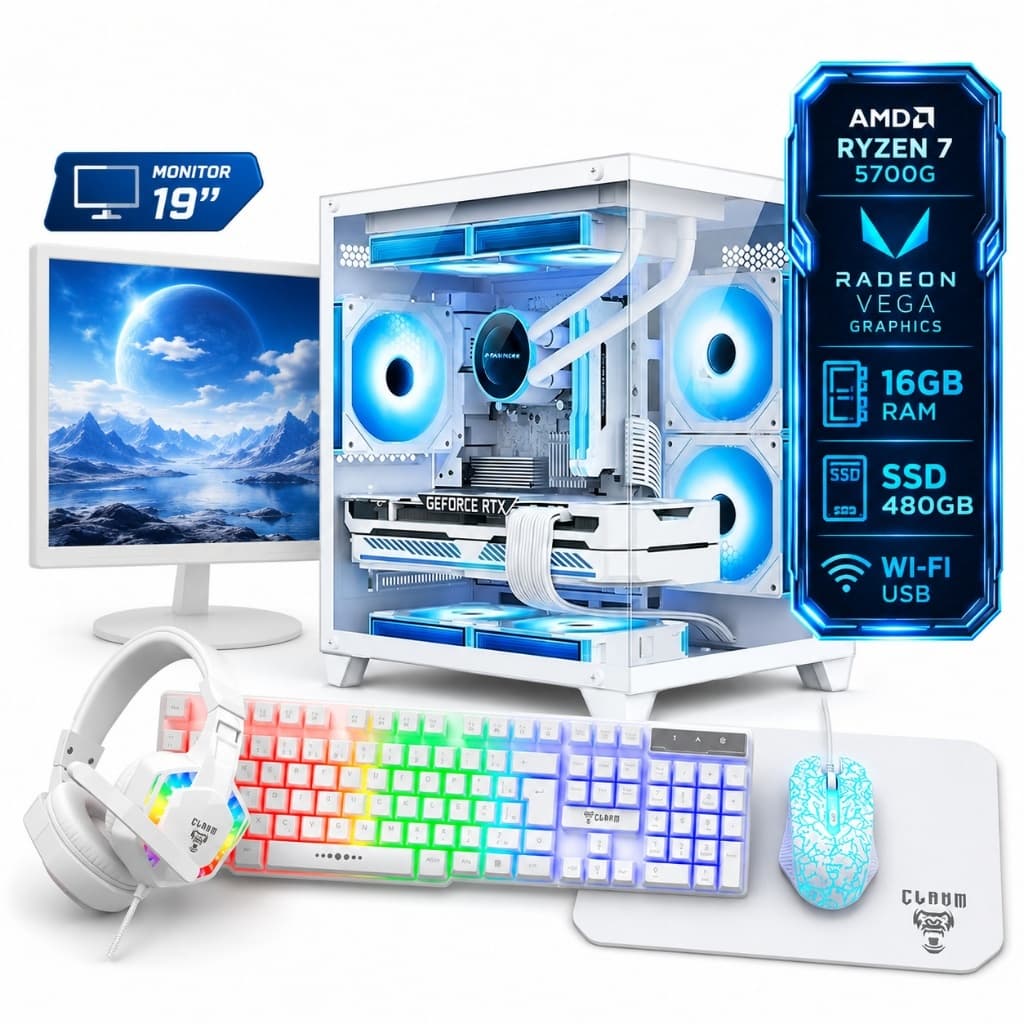 PC Gamer Completo Ryzen 7 5700G 16GB SSD 480GB Monitor 19" Branco Kit Gamer RGB EG55
