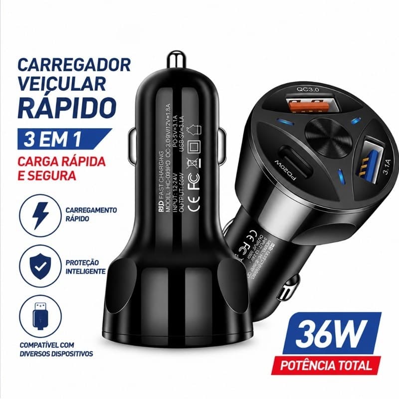Carregador Veicular Universal Turbo com 3 USB e 1 Porta QC3.0, Carregamento Rápido para Celulares 006