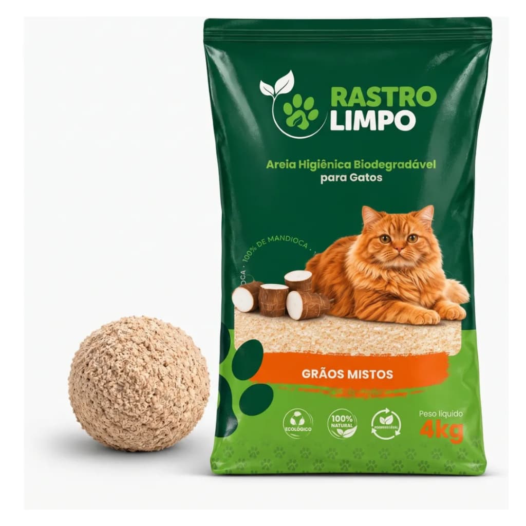 Areia Sanitária 4kg Grãos Mistos Para Gatos 100% Mandioca Granulado Biodegradável Rastro Limpo