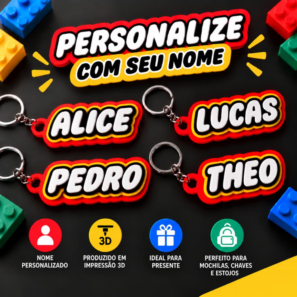 Chaveiro Personalizado com Nome Estilo Bloco de Montar tipo lego Impressão 3D