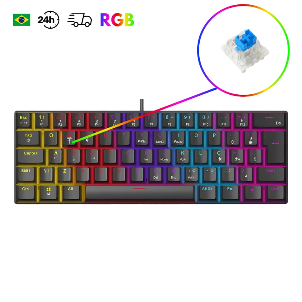 Teclado Mecânico Gamer Ninja Leap 60%, Switch Blue, Rainbow Teclado Mecânico Gamer Ninja Leap 60%, Switch AZUL, RGB