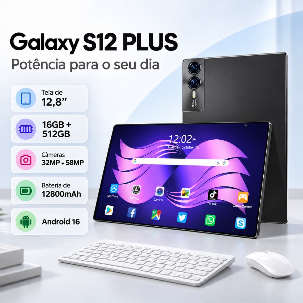 Tablet Famedon Galaxy S12 PLUS 12,8" 16GB + 512GB Android 16 Câmera 32MP + 58MP Bateria 12800mAh Teclado Mouse Jogos 5G