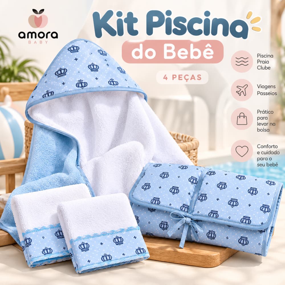 Kit Piscina Bebê 4 Peças Toalha com Capuz Trocador Portátil e Toalhas de Ombro Enxoval Bebê