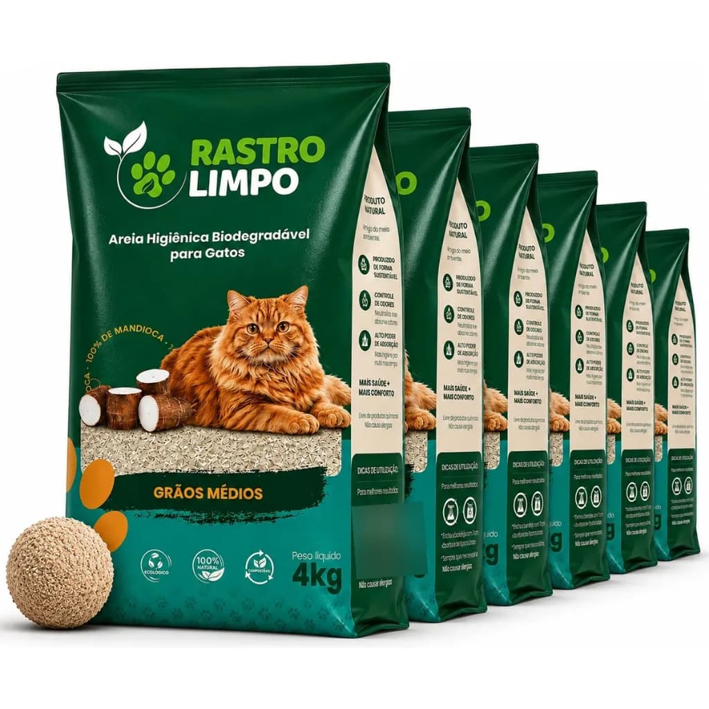 Areia Para Gatos 24kg Biodegradável 100% Mandioca Grãos Médios Sanitária Higiênica Granulado Rastro Limpo