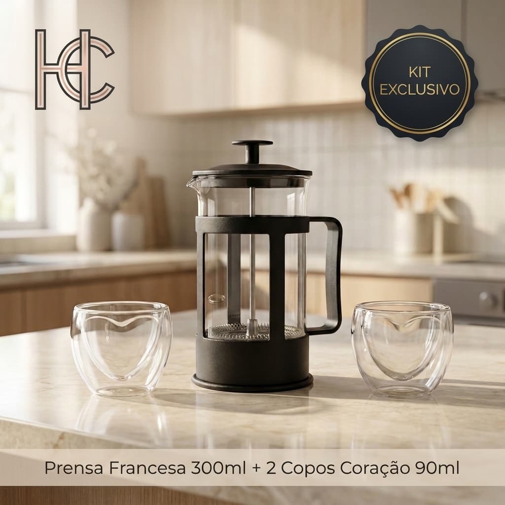 Kit Cafeteira Prensa Francesa Vidro 300ml + 2 Copos Parede Dupla Coração Para Café Expresso Chá
