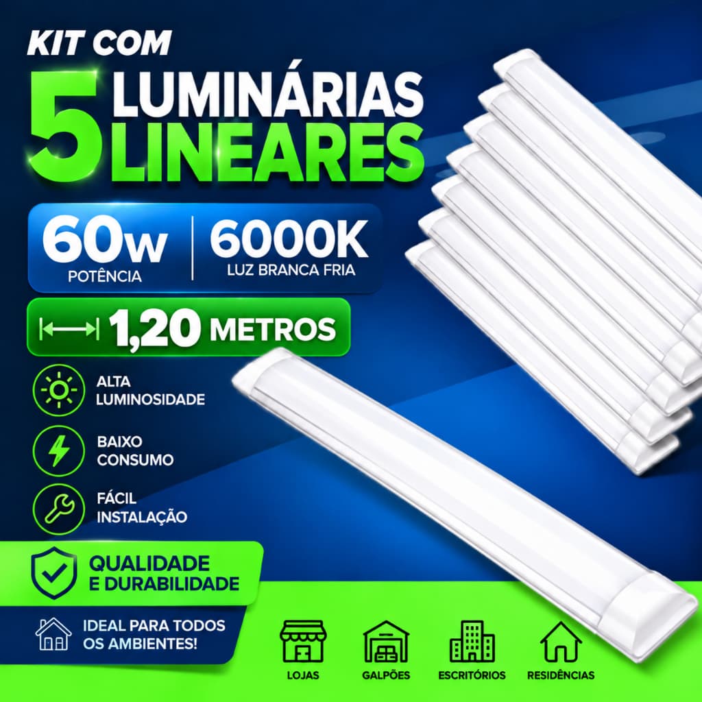 Kit 5 Luminárias Linear Tubular 120cm Sobrepor 60w Led 6000K