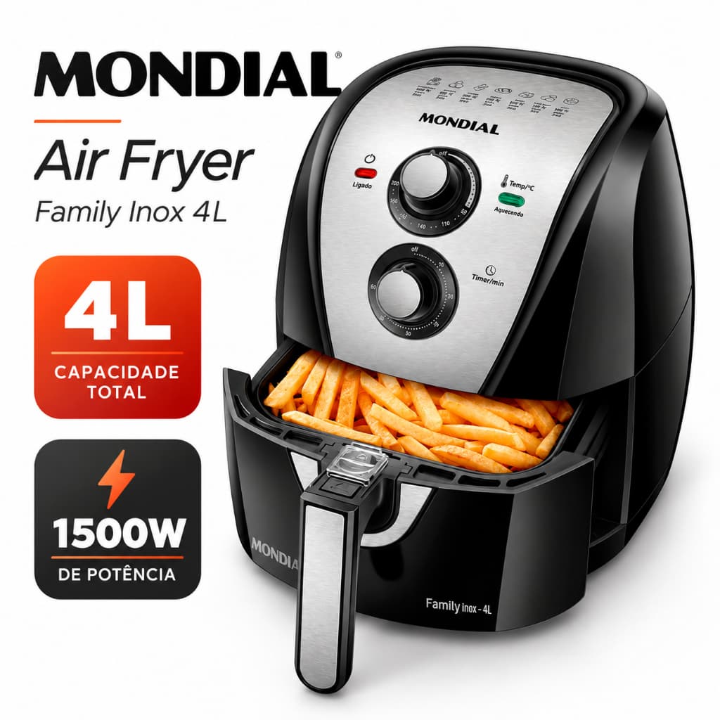 Fritadeira Air Fryer Mondial 4L 1500W Sem Óleo Cesto Antiaderente Timer AFN-40-BI