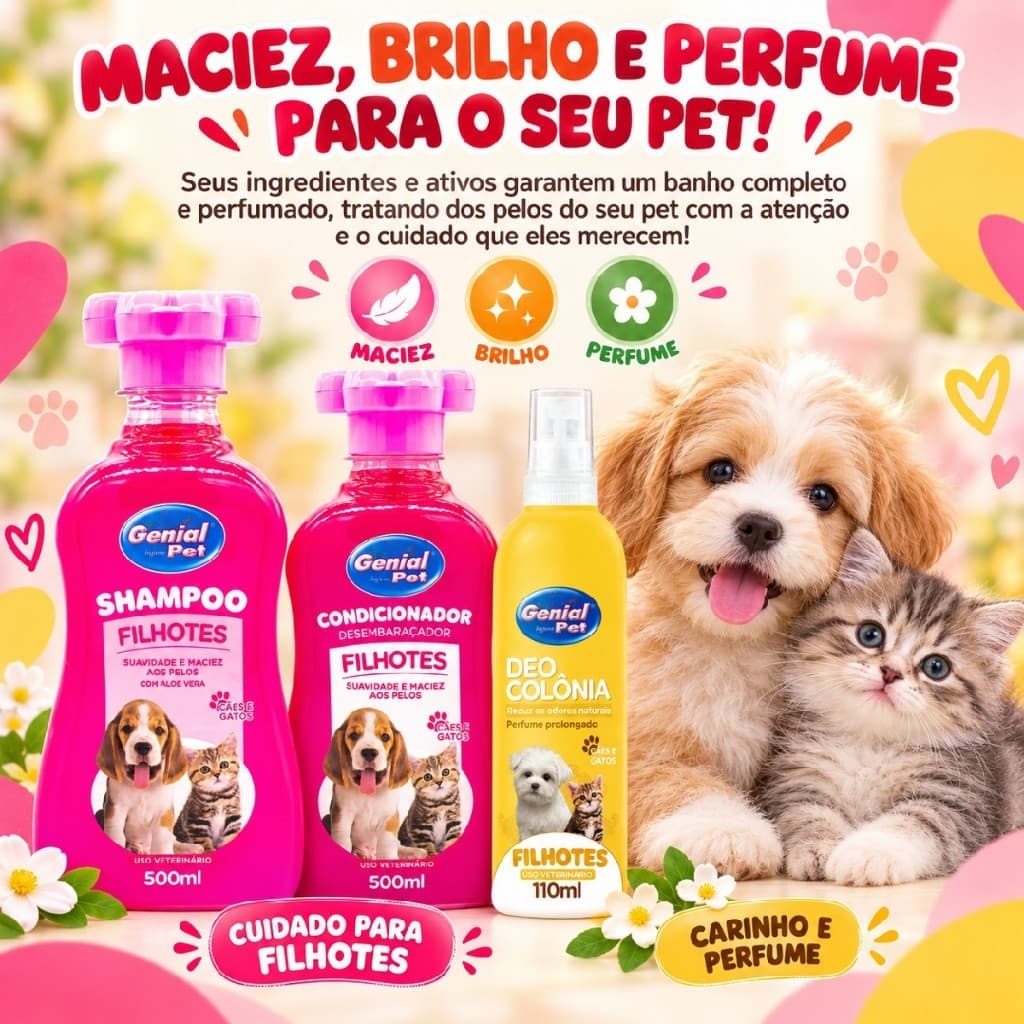 Kit Shampoo para Cachorro Filhote 500ml + Condicionador + Perfume 110ml Shampoo Cachorro Filhote Kit Banho Pet Cheiroso