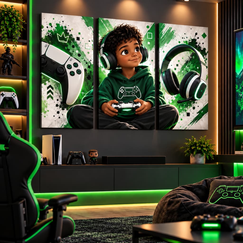 Kit 3 Quadros Decorativos Gamer Infantil Menino Controle Videogame Headset Verde Quarto Jogos Playstation Gold Nordico