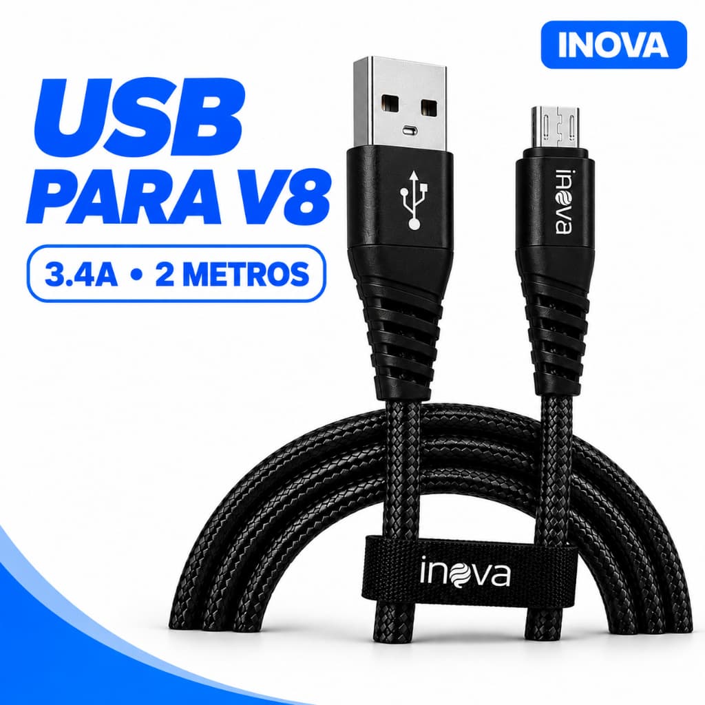 Cabo Carregador Android V8 Micro USB Reforçado 2 Metros Original Inova / cabo video game CONTROLE ps4 xbox ONE S/X