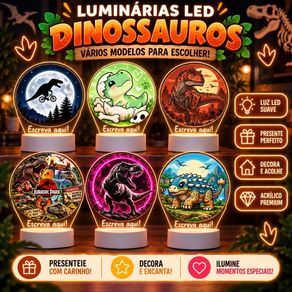 Luminária Led UV Dinossauros 3D Colorido Abajur Decorativo Quarto Infantil Presente Criativo Luz Noturna Decoração.