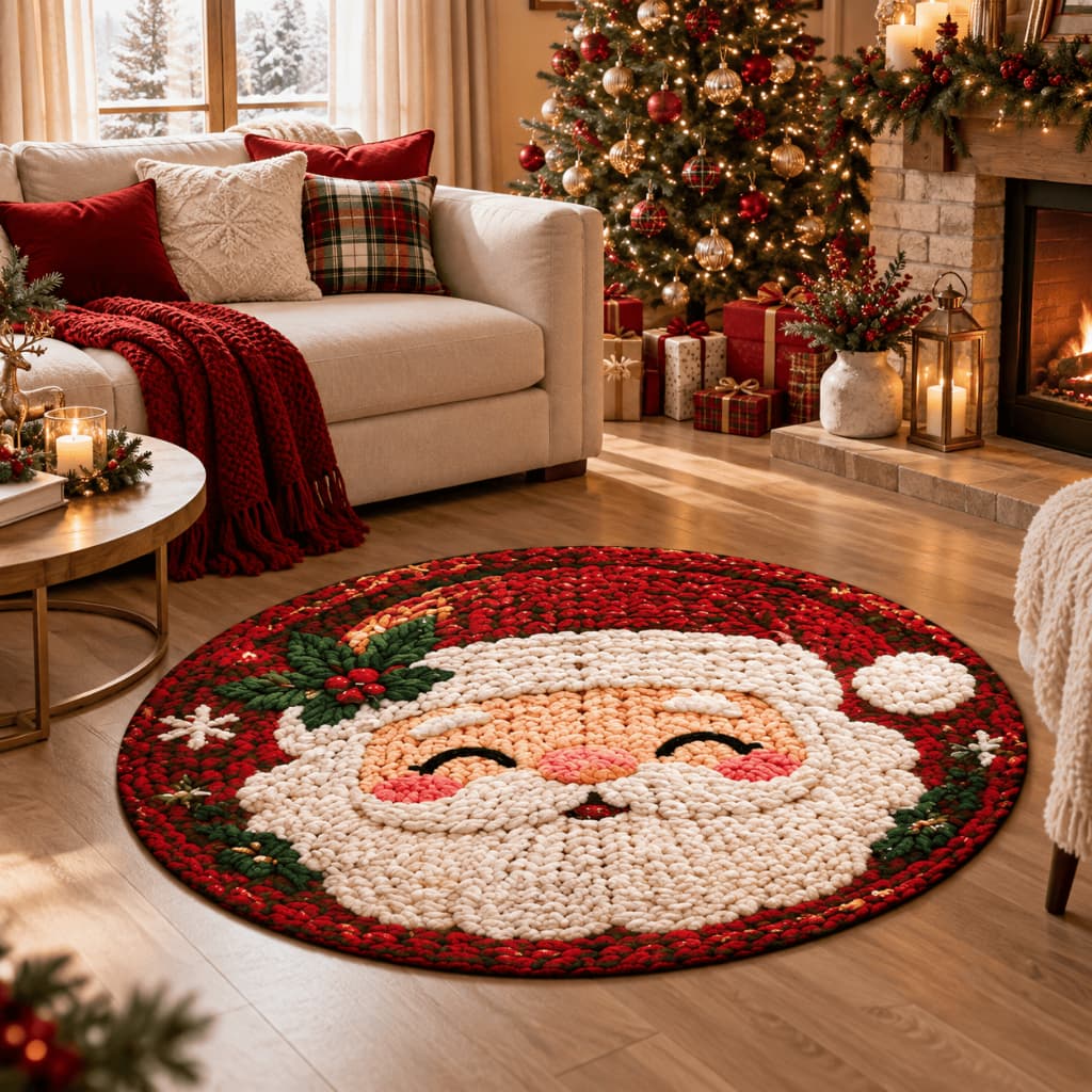 Tapete Natalino Redondo Papai Noel Decoração de Natal Sala Quarto Casa Antiderrapante Temático