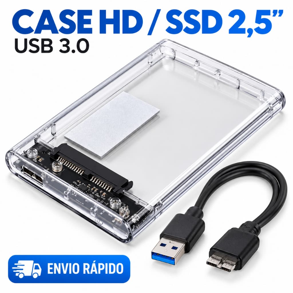 Case para HD Externo e SSD 2,5 SATA USB 3.0 Transparente com Cabo PC Notebook Ps4 Ps5